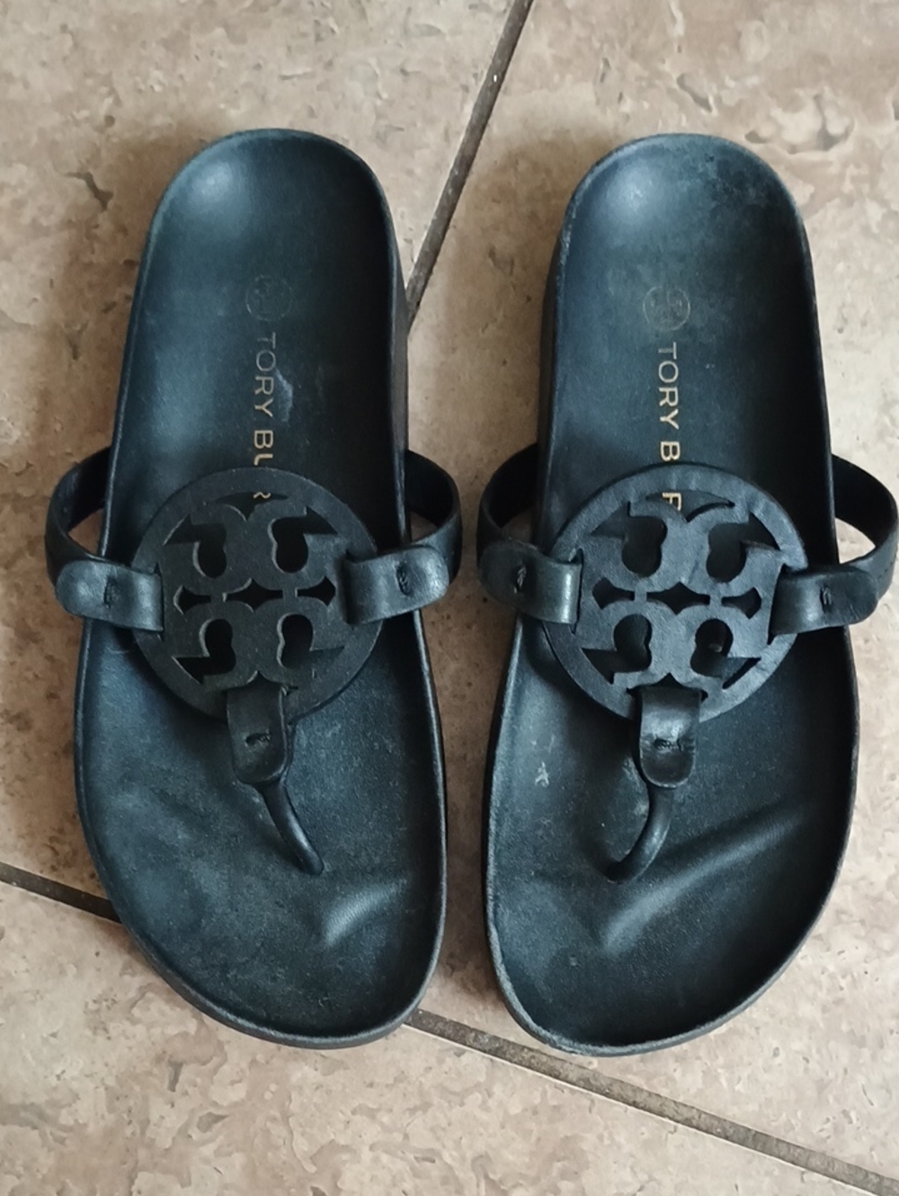 Tory Burch Black Leather Logo Thong Sandals